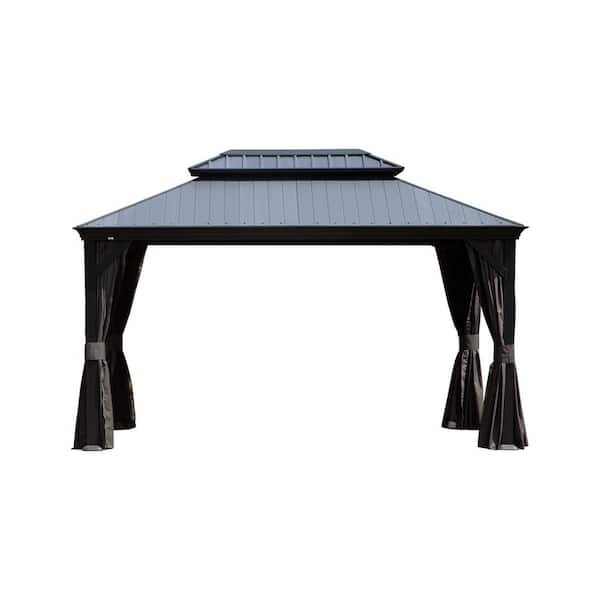 12 ft. x 16 ft. Dark Gray Hardtop Gazebo with Resin and Steel Roof, Heavy Duty Permanent Pavilion with Drainage