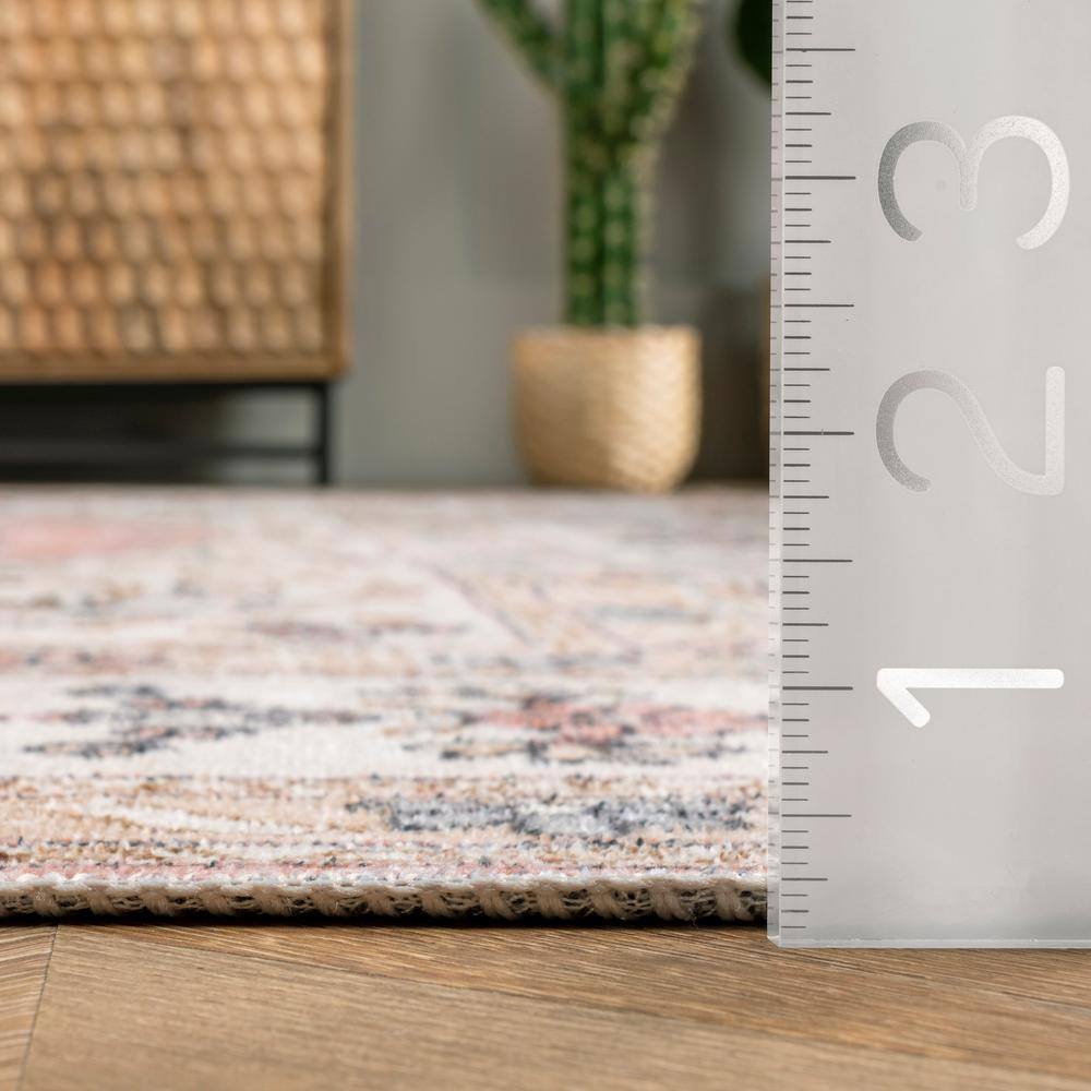 Ivory Floral Synthetic Washable Rectangular Area Rug