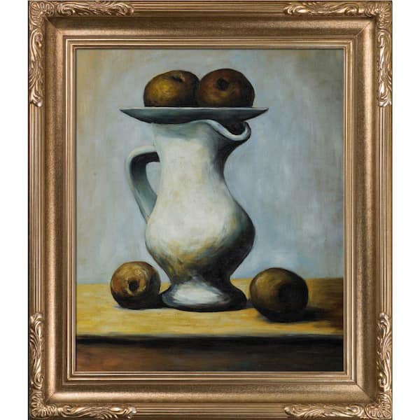 LA PASTICHE Still Life with Pitcher and Apples by Pablo Picasso Florentine Champagne Framed Oil Painting Art Print 27 in. x 31 in.