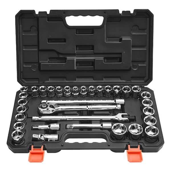 Socket Set, Drive Socket & Ratchet Kit with Wrench, Extension Bar and Case for Automotive Repair