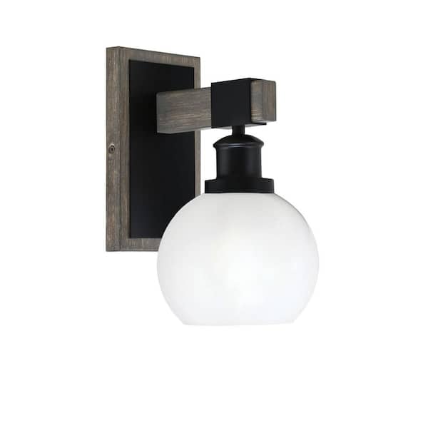 Lighting Theory Richmond 5.75 in. 1-Light Matte Black and Painted Distressed Wood-look Metal Wall Sconce with Standard Shade