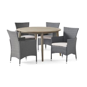 Biella Gray 5-Piece Wood and Faux Rattan Outdoor Dining Set with Silver Cushions