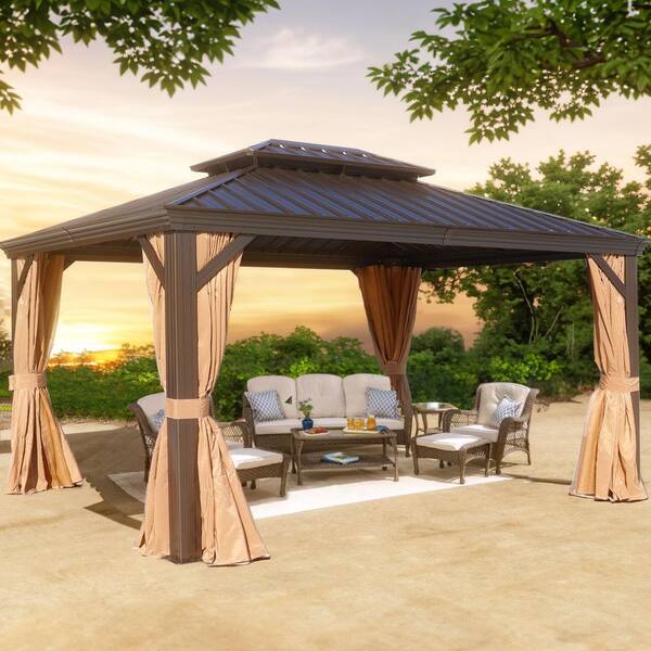 ToolCat 10 ft. x 12 ft. Aluminum Double Galvanized Steel Roof Gazebo with Ceiling Hook, Mosquito Netting and Curtains, Brown