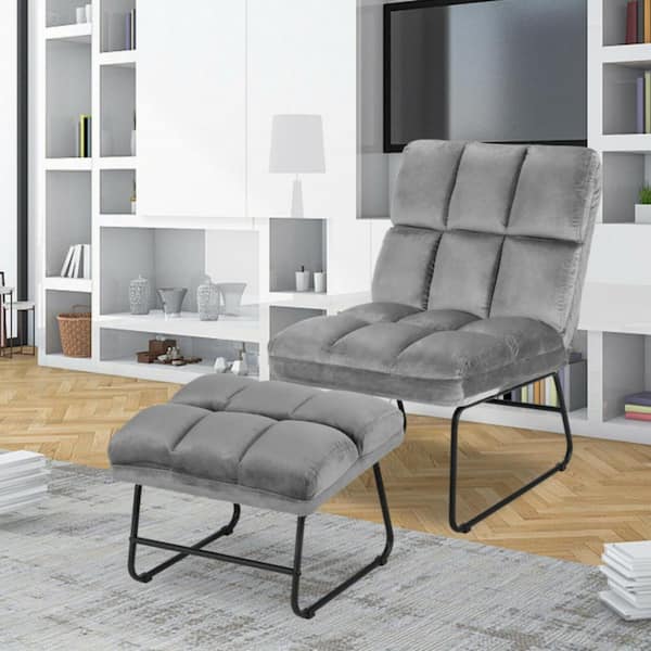 Clihome Gray Velvet Massage Recliner 5-Massage Modes Chair with Ottoman, Side Pocket and Remote Control
