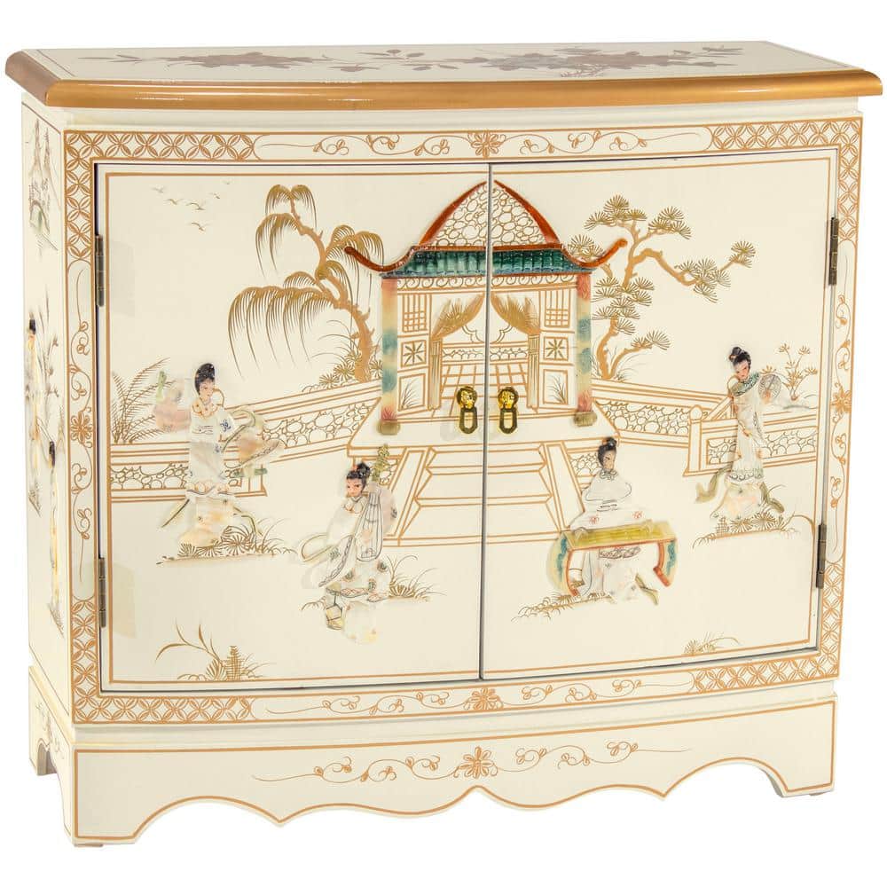 White Lacquer Hall Cabinet with Hand-Carved Mother-of-Pearl Ladies