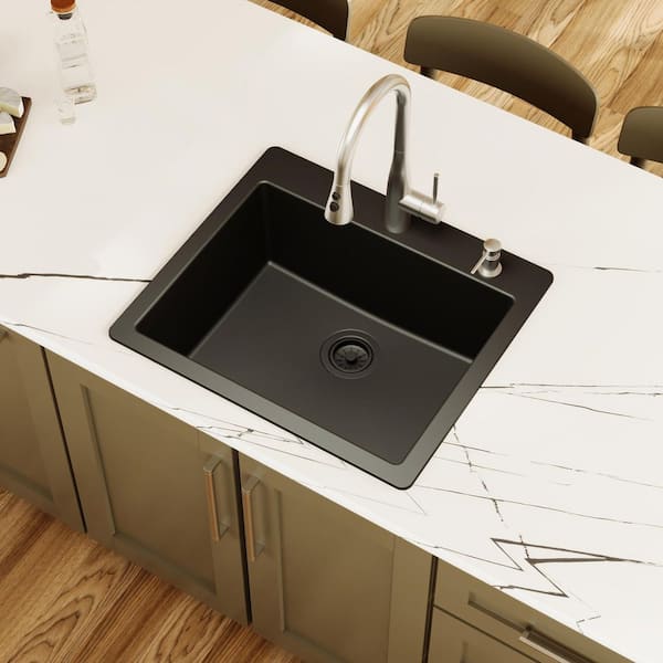 QT-820 Quartz/Granite 25 in. Single Bowl Drop-In Kitchen Sink in Black