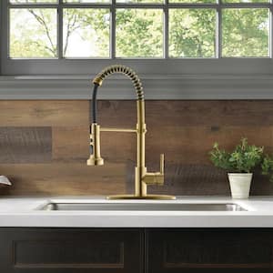 Single-Handle Single-Hole Pull-Down Sprayer Kitchen Faucet with Rocker Switch in Brushed Gold (Deck Plate Included)