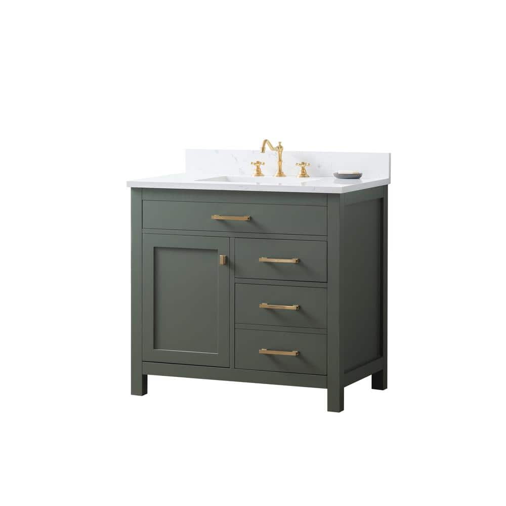Vintage Green Solid Wood Freestanding Vanity with Carrara White Top