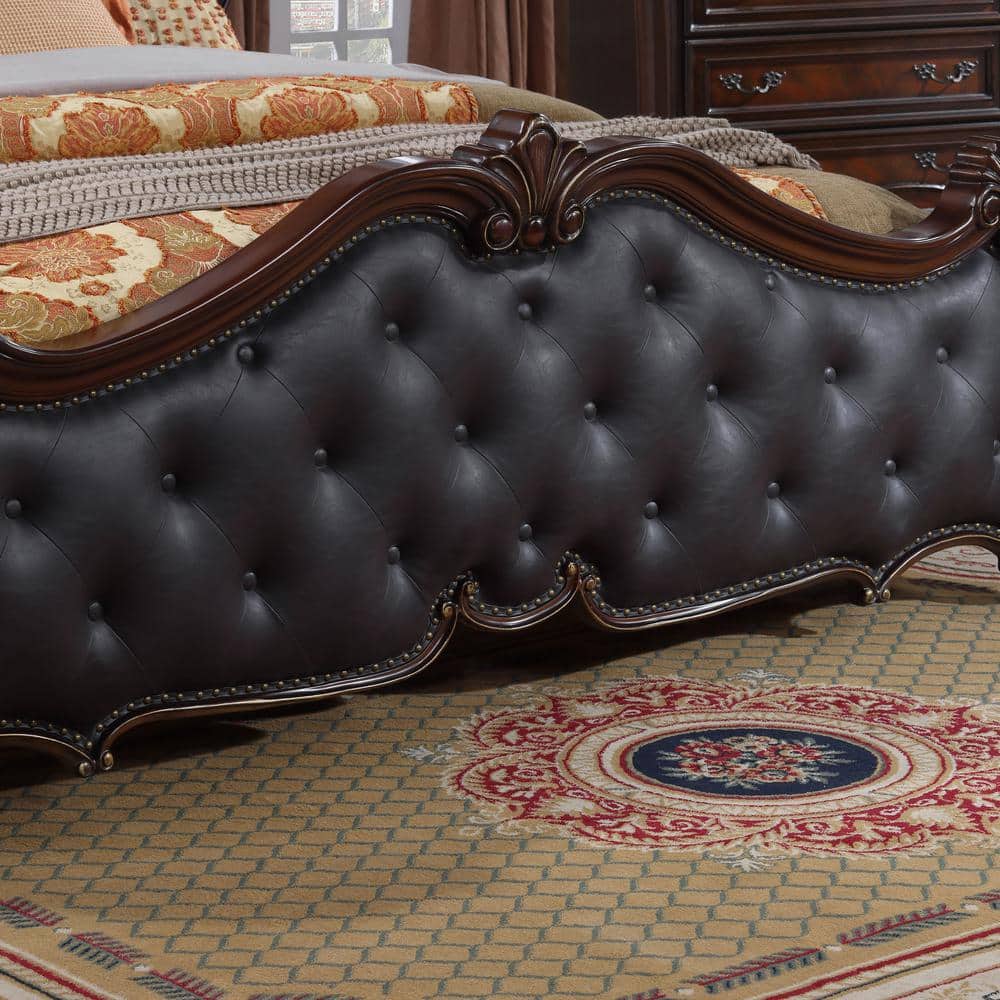 Queen Dark Brown Faux Leather Upholstered Bed with Tufted Headboard