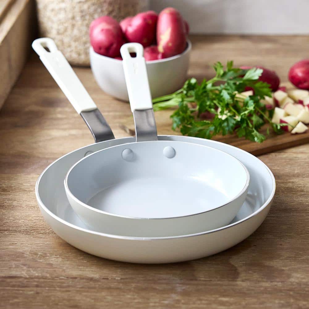Cream Aluminum Ceramic Nonstick Fry Pan Set with Lids