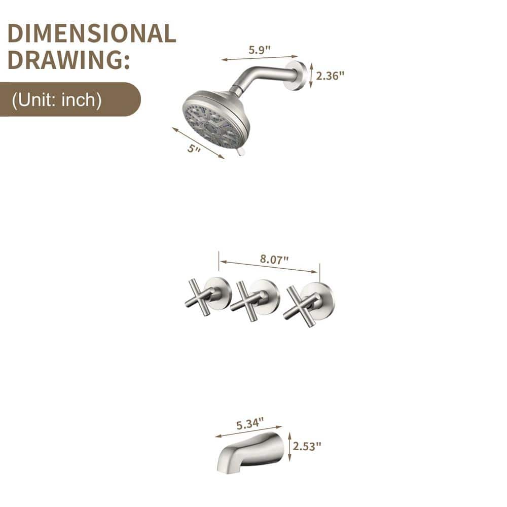 Brushed Nickel Triple Handle Wall Mounted Shower Faucet Set