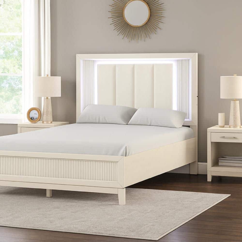 Benjara Toi White Wood Frame Queen Panel Bed with Upholstery Headboard ...