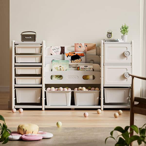 Classic Series Gray and Ivory Polyethylene Kids Storage Box Cabinet with Removable Bins and Bookshelf