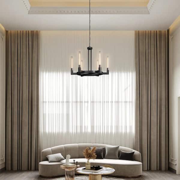 35 in. 6-Light Farmhouse Chandelier, Black Wagon Wheel Chandelier with Glass Tube for Dining Room, Living Room, Entryway