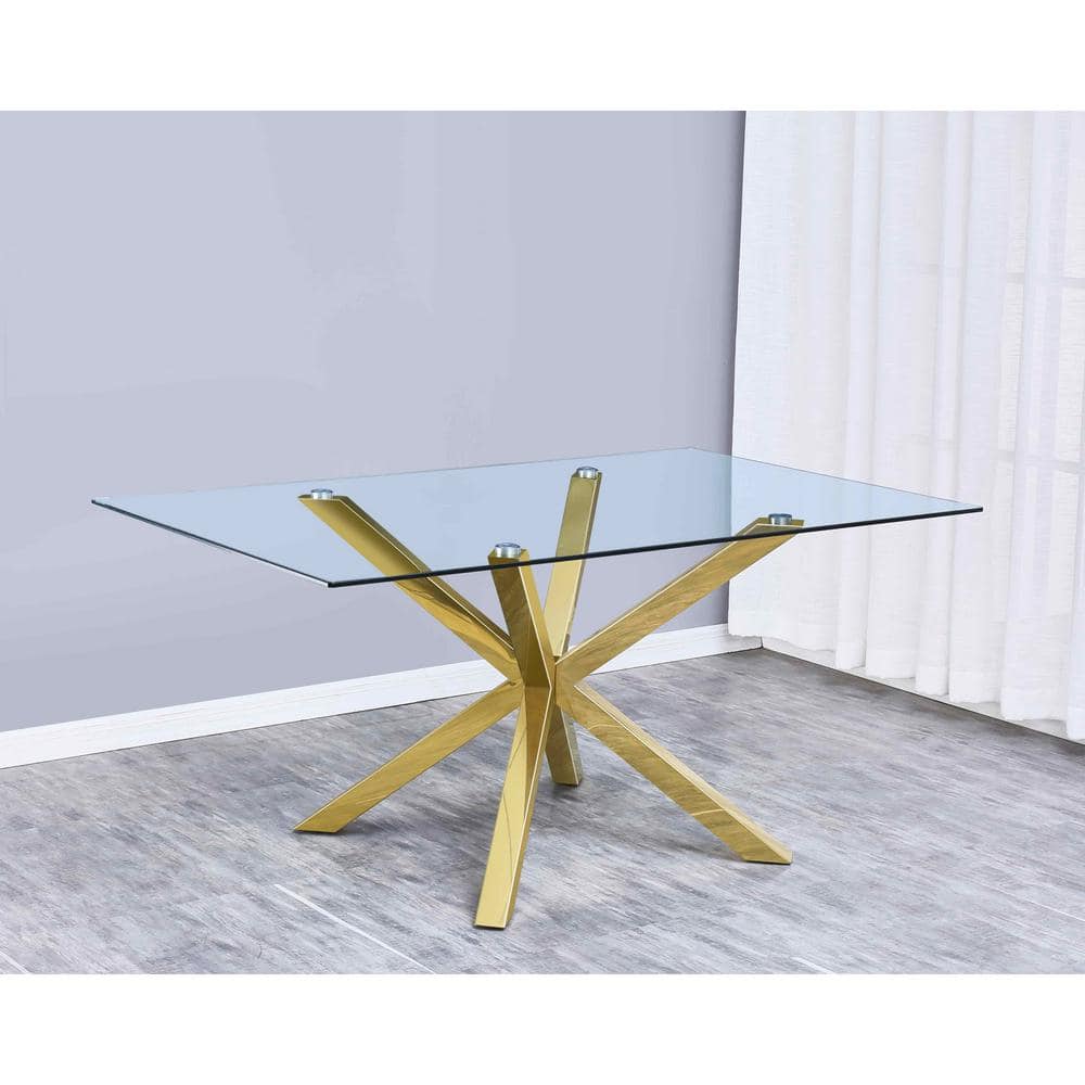Elegant 63" Rectangular Clear Glass Dining Table with Gold Stainless Steel Base
