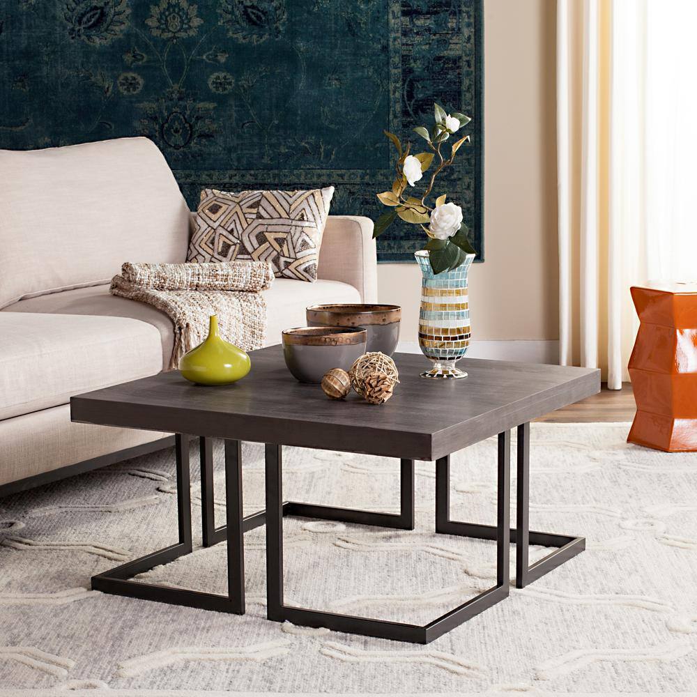 Transitional Square Wood and Metal Coffee Table in Brown/Gray