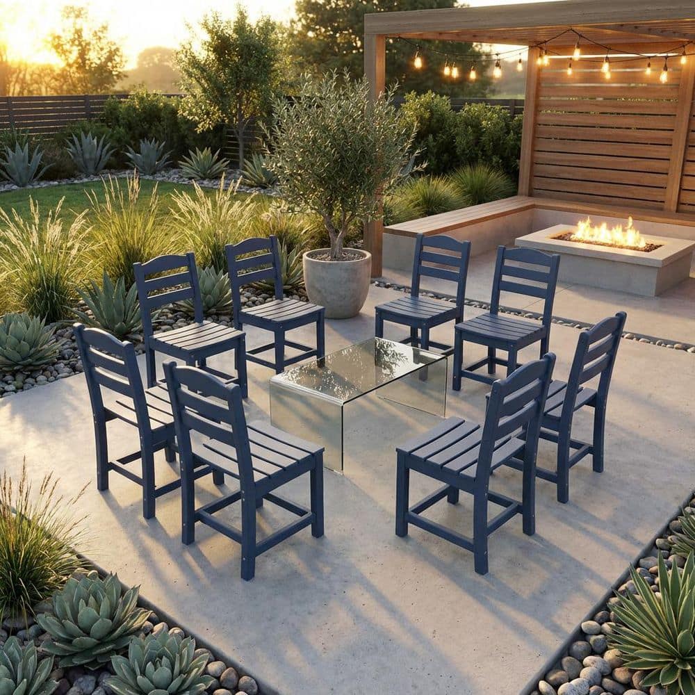 Modern HDPE Outdoor Dining Chair Set of 8 in Blue,Armless All-Weather Patio Chairs with UV Protection for Garden,Balcony price history on PriceWatchPro