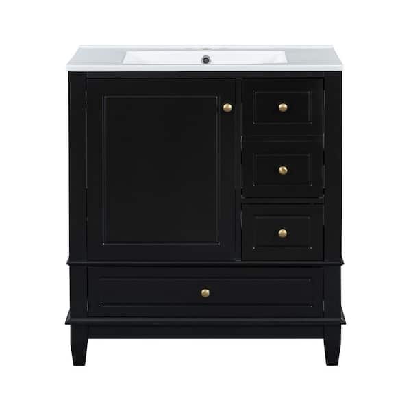 30 in. Single Sink Freestanding Black Bath Vanity with White Ceramic Top, Metal Hinges and Slide Rails