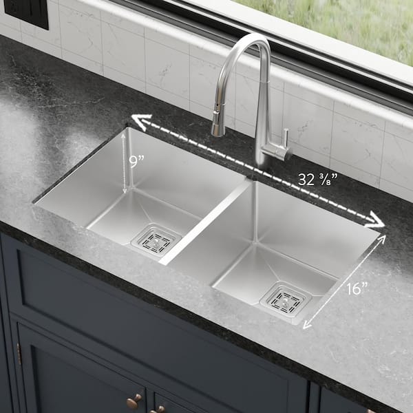 S STRICTLY KITCHEN + BATH 32 in. Undermount Double Bowl 16-Gauge