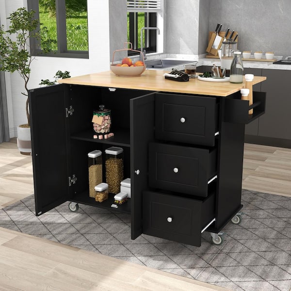 Black Rubber Wood Kitchen Cart with Drop-Leaf and Spice Rack