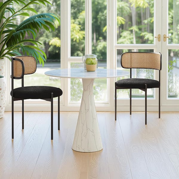 Black Upholstered Dining Chair With Rattan Back (Set of 2)