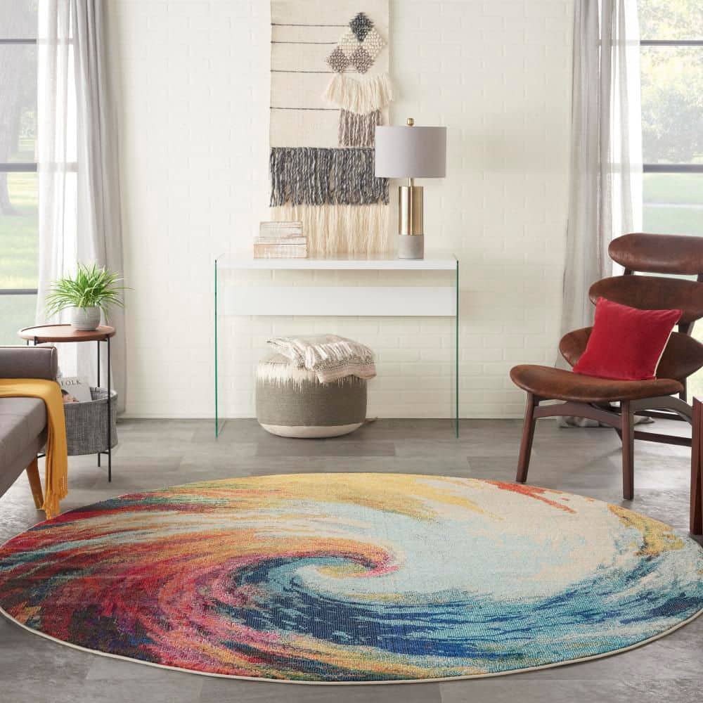 Celestial Waves Multicolor Abstract Round Rug, 7'10"