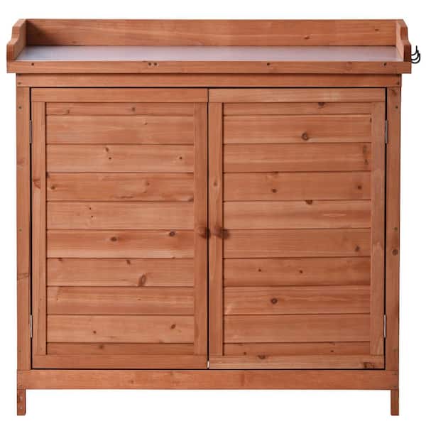 37.4 in. H x 39 in. W x 19.1 in. D Orange Wooden Garden Potting Bench Table with 2-Tier Shelves and Side Hook