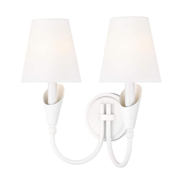 Claudelle 13.75 in. 2 Light Textured White Wall Sconce with White Fabric Shade