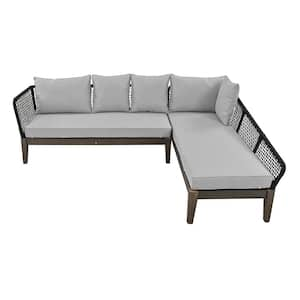 2-Piece L Shaped Wood Rope Waved Outdoor Sectional Sofa Set with Gray Cushions Seats 5 Persons for Garden, Lawn