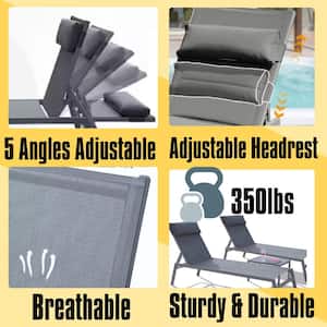 3-Piece Patio Chaise Lounge Set Adjustable Steel Outdoor Lounge Chairs in Gray with Side Table