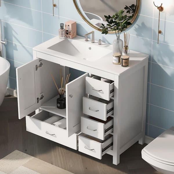 36 in. Freestanding White Bath Vanity with White Ceramic Top 2 Soft-Close Doors and 5 Drawers