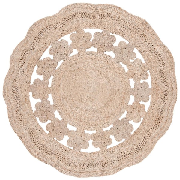 SAFAVIEH Natural Fiber Beige Doormat 3 ft. x 3 ft. Woven Ornate Round Area Rug