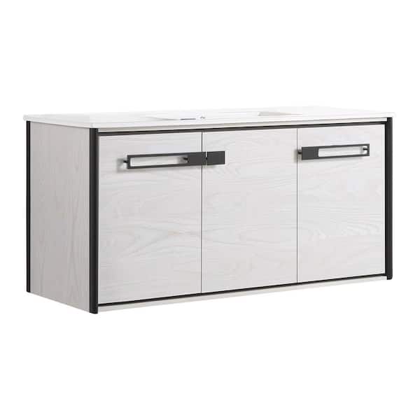 FINE FIXTURES Oakville 48 in. W x 18 in. D x 23.25 in. H Wall Mounted Bathroom Vanity in Gray with White Ceramic Sink Top