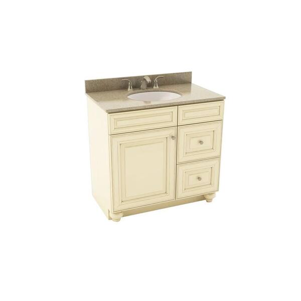 American Woodmark Savannah 37 in. Vanity in Hazelnut with Right Drawers and Silestone Quartz Vanity Top in Kimbler and Oval White Sink