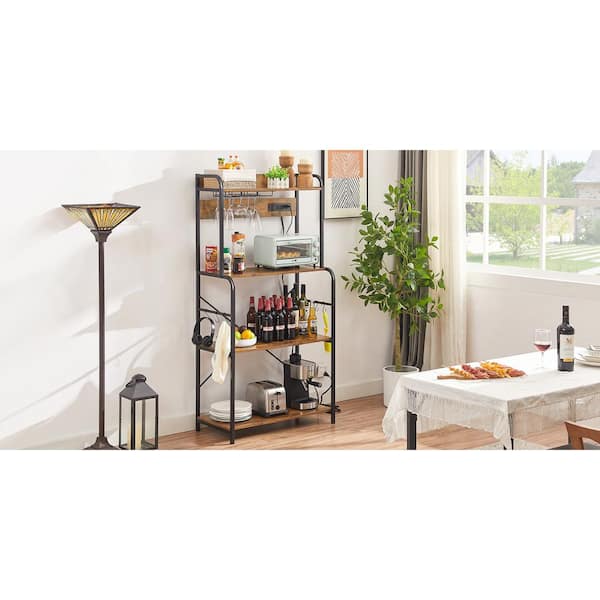 VECELO Kitchen Storage Shelf Brown 4-Shelf Metal Frame 15.74 in. W W  Baker's Rack With Power Outlets & Mug Cup Hooks KHD-SBR02-BRN - The Home  Depot