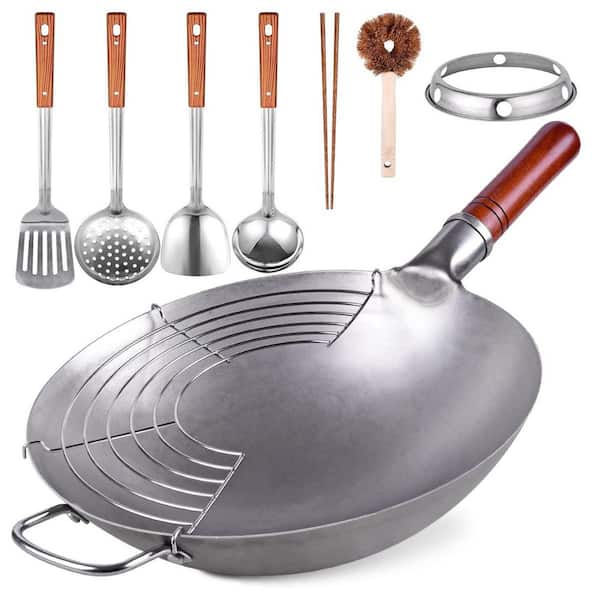 Large 13.4 in. Silver Carbon Steel Gas Wok, Traditional Hand Hammered, Chinese Woks Round Bottom Wok Pan Set