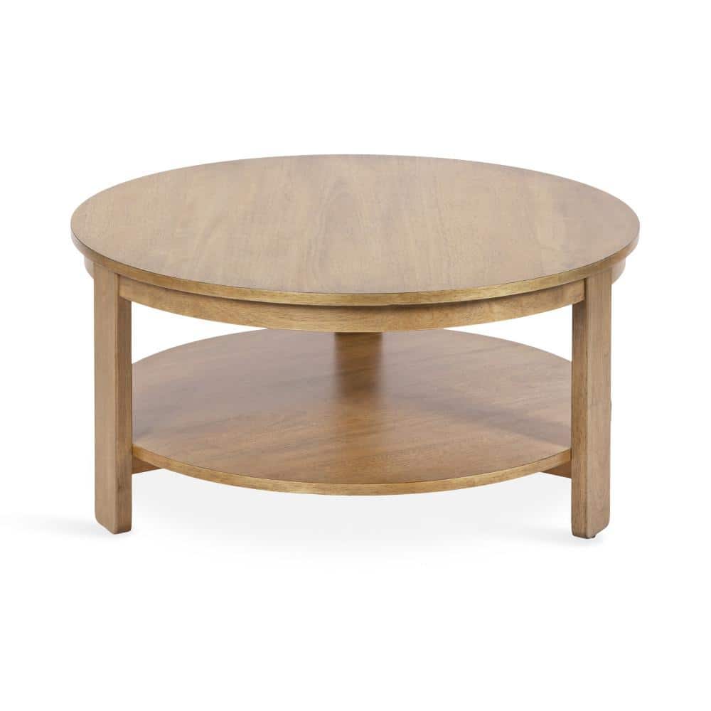Natural Brown Round Wood and Metal Coffee Table with Storage