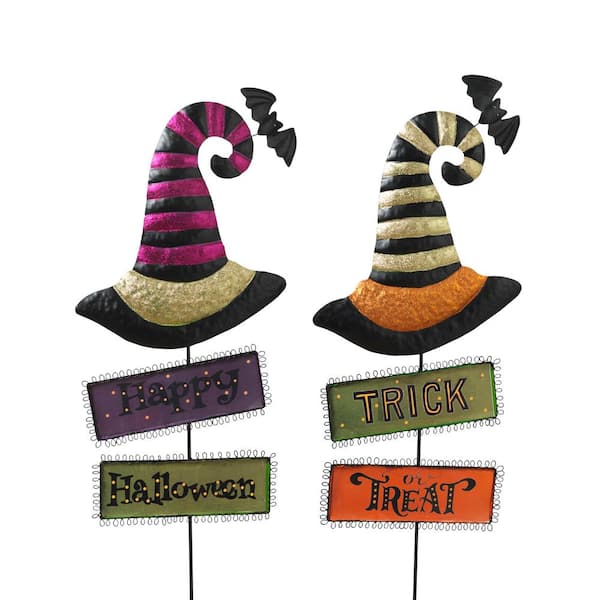 GERSON INTERNATIONAL 37 in. Metal Witch's Hats with Halloween Signs Yard Stake (Set of 2)