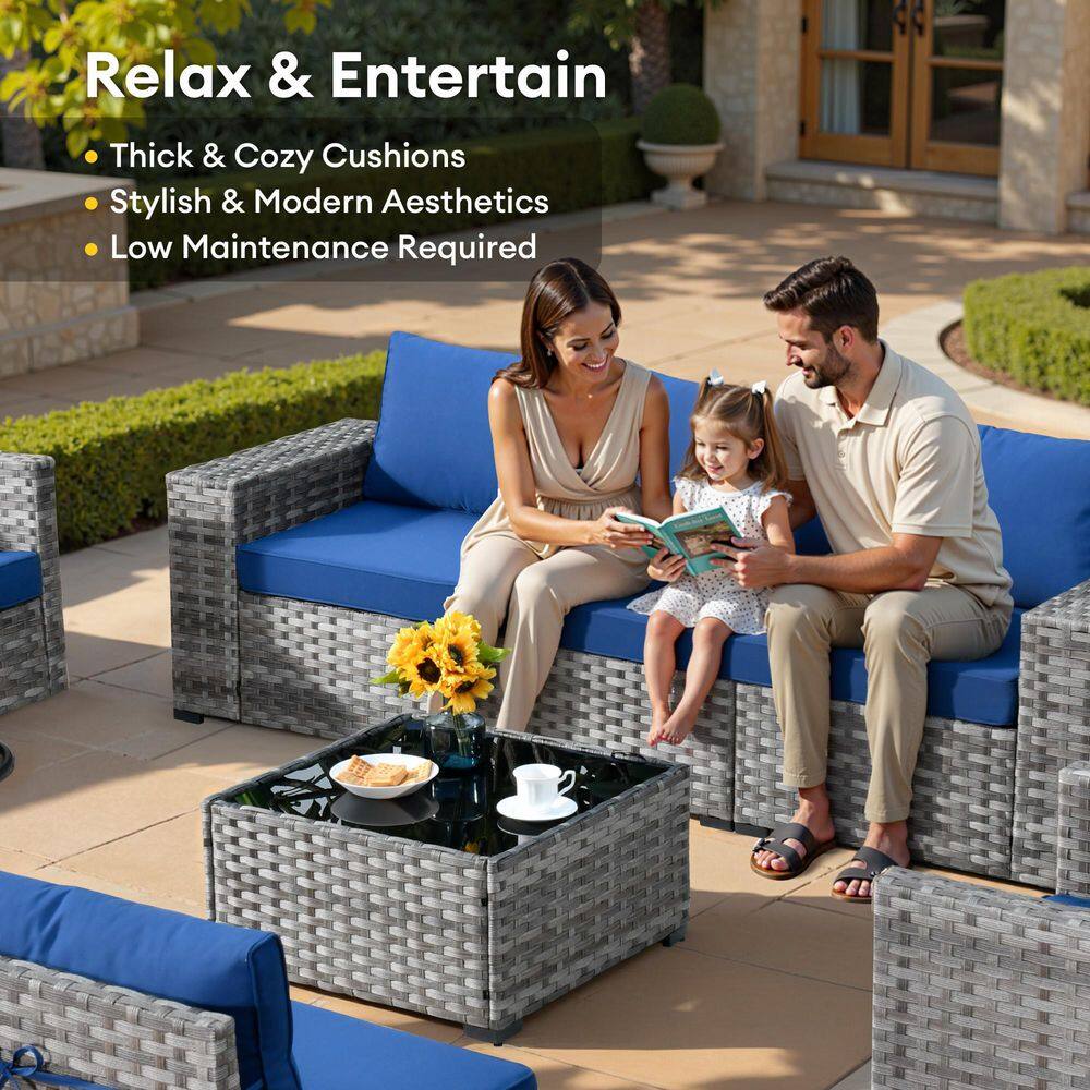 Gray 8-Piece Wicker Outdoor Sofa Set with Navy Cushions