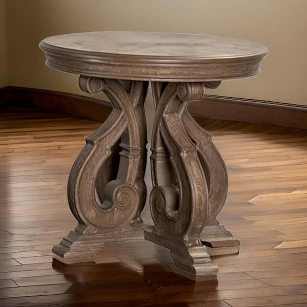 27 in. Brown Round Wood End Table with Carved Details