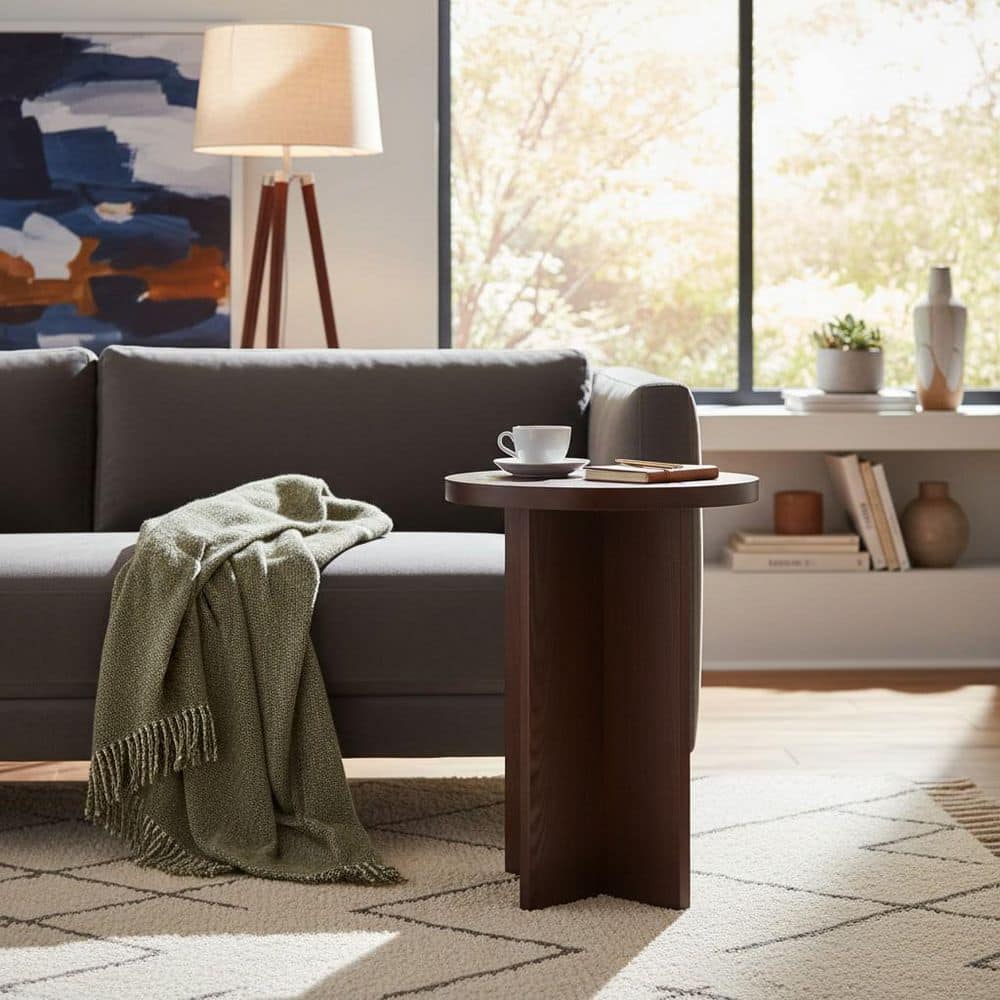 Barashi 14 in. Walnut Wood Round End Table