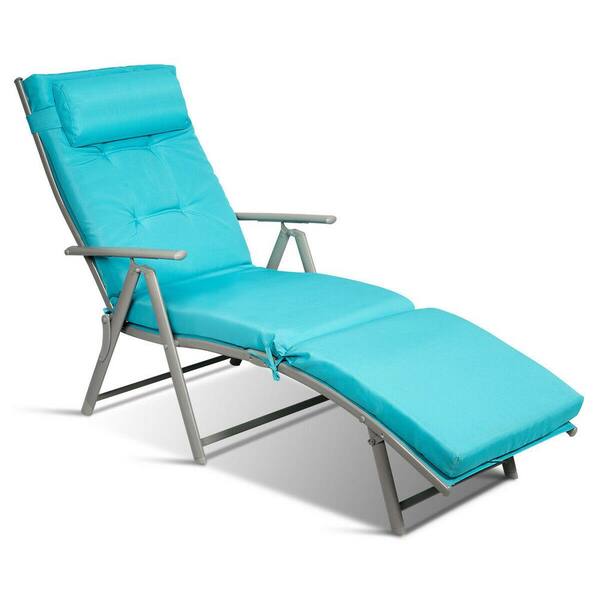 Costway Folding Adjustable Height Chaise Steel Outdoor Lounge Chair with Turquoise Cushions