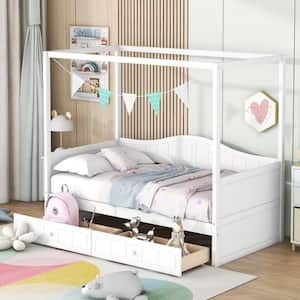 White Wood Frame Twin Size Canopy Bed, Daybed with 2-Drawer