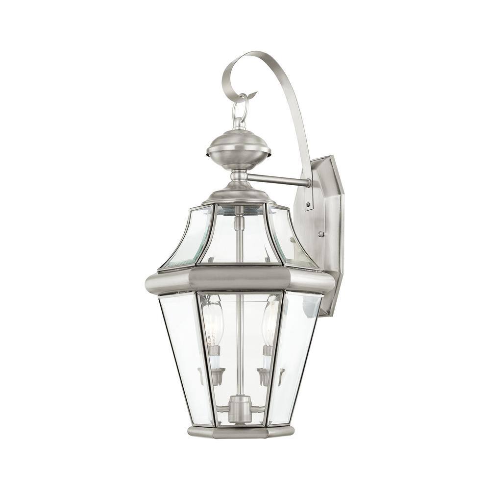 AVIANCE LIGHTING Cresthill 20.75 in. 2-Light Brushed Nickel Outdoor Hardwired Wall Lantern Sconce with No Bulbs Included