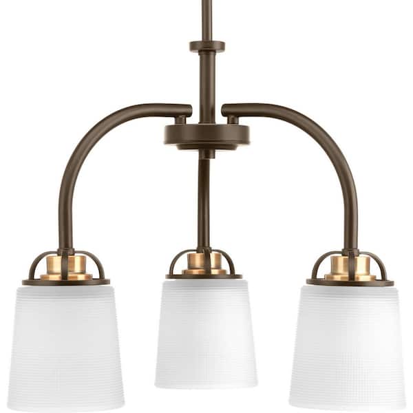 Progress Lighting West Village Collection 3-Light Antique Bronze Etched Double Prismatic Glass Farmhouse Chandelier Light