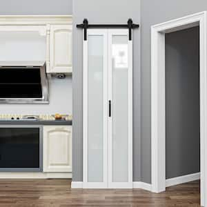 25 in. x 84 in. 1-Lite Frosted Glass White Finished Solid Core MDF Bi-Fold Door Style Barn Door with Hardware Kit