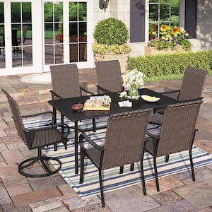 Black 7-Piece Metal Outdoor Dining Set with Slat Table-Top and Curved Armrest High-Back Rattan Swivel Chairs