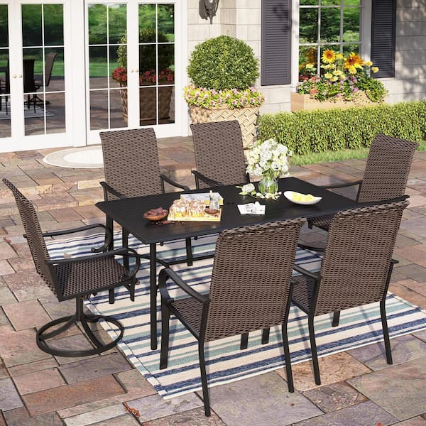 PHI VILLA Black 7-Piece Metal Outdoor Dining Set with Slat Table-Top and Curved Armrest High-Back Rattan Swivel Chairs