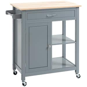 Rolling Grey Kitchen Cart with Wood Top, Kitchen Island with Storage Drawer on Wheels for Dining Room