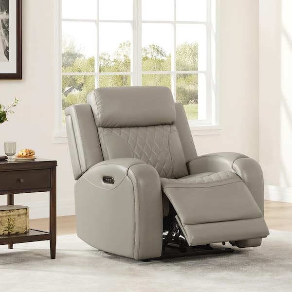 Kai Gray Leather 165° Lay-Flat Recliner w/ Adjustable Headrest, Metal Base, Diamond-quilted Backrests and Seat Cushions